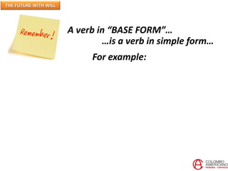 A verb in “BASE FORM”…
…is a verb in simple form…
For example:
THE FUTURE WITH WILL
 
