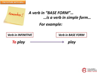 A verb in “BASE FORM”…
…is a verb in simple form…
For example:
Verb in INFINITIVE Verb in BASE FORM
To play play
THE FUTURE WITH WILL
 