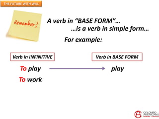 A verb in “BASE FORM”…
…is a verb in simple form…
For example:
Verb in INFINITIVE Verb in BASE FORM
To play play
To work
THE FUTURE WITH WILL
 