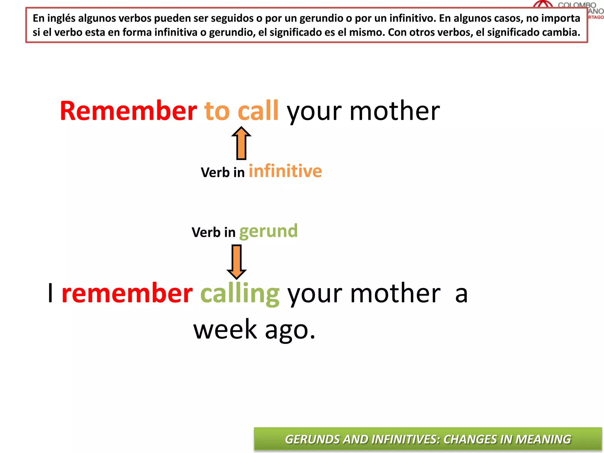 GERUNDS AND INFINITIVES: CHANGES IN MEANING
En inglés algunos verbos pueden ser seguidos o por un gerundio o por un infinitivo. En algunos casos, no importa
si el verbo esta en forma infinitiva o gerundio, el significado es el mismo. Con otros verbos, el significado cambia.
Remember to call your mother
I remember calling your mother a
week ago.
Verb in infinitive
Verb in gerund
 