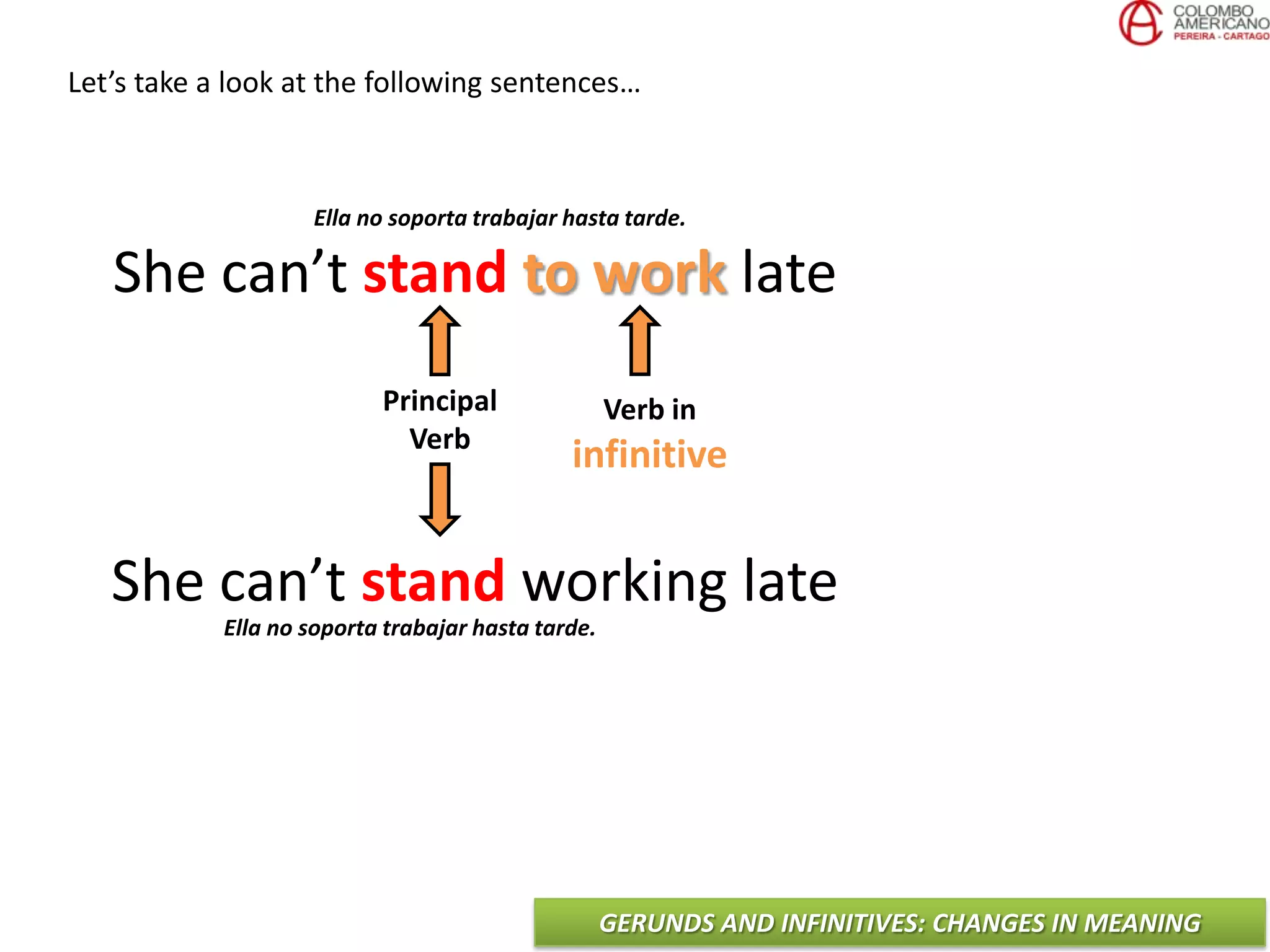 GERUNDS AND INFINITIVES: CHANGES IN MEANING
Let’s take a look at the following sentences…
She can’t stand to work late
She can’t stand working late
Principal
Verb
Verb in
infinitive
Ella no soporta trabajar hasta tarde.
Ella no soporta trabajar hasta tarde.
 