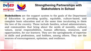 Stakeholders are the support system to the goals of the Department
of Education in providing quality, equitable, culture-based, and
complete basic education and at the same time inculcating in them
the love of the country. These include families, school administrators,
and communities that bring about the seeds of morality, cultural
values, social responsibilities, human affections, resources, and
opportunities, for our learners. They are the springboards of expertise
in skills and professions, and hobbies, among others. They are the
sources of encouragement, optimism, and resilience.
Strengthening Partnerships with
Stakeholders in School
 