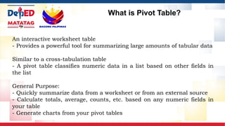 An interactive worksheet table
- Provides a powerful tool for summarizing large amounts of tabular data
Similar to a cross-tabulation table
- A pivot table classifies numeric data in a list based on other fields in
the list
General Purpose:
- Quickly summarize data from a worksheet or from an external source
- Calculate totals, average, counts, etc. based on any numeric fields in
your table
- Generate charts from your pivot tables
What is Pivot Table?
 