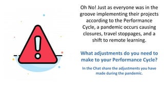 Oh No! Just as everyone was in the
groove implementing their projects
according to the Performance
Cycle, a pandemic occurs causing
closures, travel stoppages, and a
shift to remote learning.
What adjustments do you need to
make to your Performance Cycle?
In the Chat share the adjustments you have
made during the pandemic.
 
