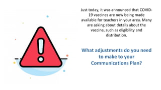 Just today, it was announced that COVID-
19 vaccines are now being made
available for teachers in your area. Many
are asking about details about the
vaccine, such as eligibility and
distribution.
What adjustments do you need
to make to your
Communications Plan?
 