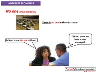 INDEFINITE PRONOUNS
No one (more examples)
There is no one in the classroom.
Did you know we
have a new
manager?
I didn’t know. No one told me.
“no one” doesn’t have negative
 