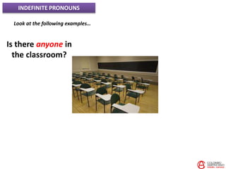 INDEFINITE PRONOUNS
Look at the following examples…
Is there anyone in
the classroom?
 