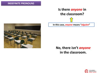INDEFINITE PRONOUNS
Is there anyone in
the classroom?
No, there isn’t anyone
in the classroom.
In this case, anyone means “alguien”
 