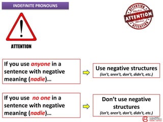 INDEFINITE PRONOUNS
If you use anyone in a
sentence with negative
meaning (nadie)…
Use negative structures
(isn’t, aren’t, don’t, didn’t, etc.)
If you use no one in a
sentence with negative
meaning (nadie)…
Don’t use negative
structures
(isn’t, aren’t, don’t, didn’t, etc.)
 