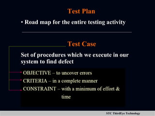 Test Plan Road map for the entire testing activity Test Case Set of procedures which we execute in our system to find defect 
