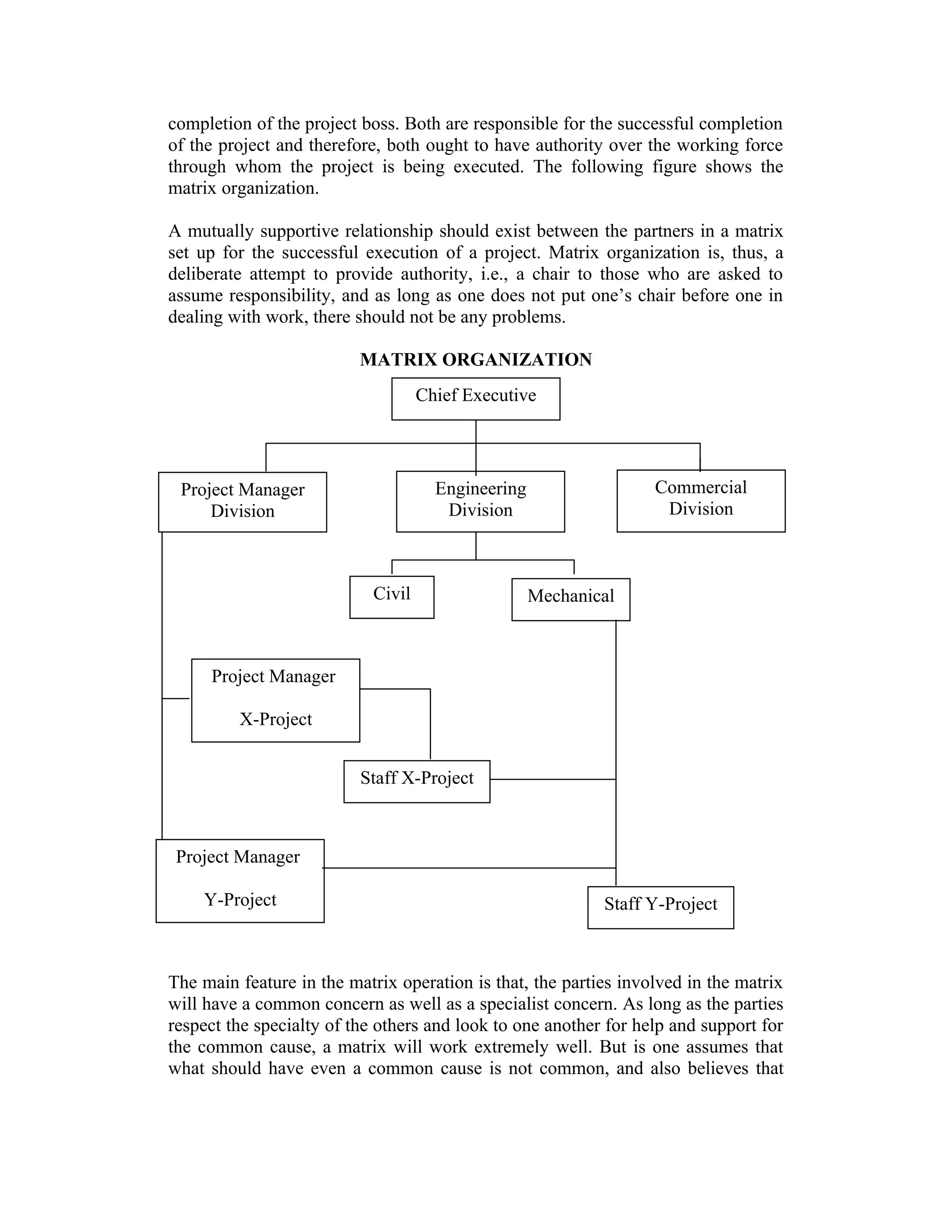 completion of the project boss. Both are responsible for the successful completion
of the project and therefore, both ought to have authority over the working force
through whom the project is being executed. The following figure shows the
matrix organization.
A mutually supportive relationship should exist between the partners in a matrix
set up for the successful execution of a project. Matrix organization is, thus, a
deliberate attempt to provide authority, i.e., a chair to those who are asked to
assume responsibility, and as long as one does not put one’s chair before one in
dealing with work, there should not be any problems.
MATRIX ORGANIZATION
The main feature in the matrix operation is that, the parties involved in the matrix
will have a common concern as well as a specialist concern. As long as the parties
respect the specialty of the others and look to one another for help and support for
the common cause, a matrix will work extremely well. But is one assumes that
what should have even a common cause is not common, and also believes that
Chief Executive
Project Manager
Division
Engineering
Division
Commercial
Division
Civil Mechanical
Project Manager
X-Project
Staff X-Project
Project Manager
Y-Project Staff Y-Project
 