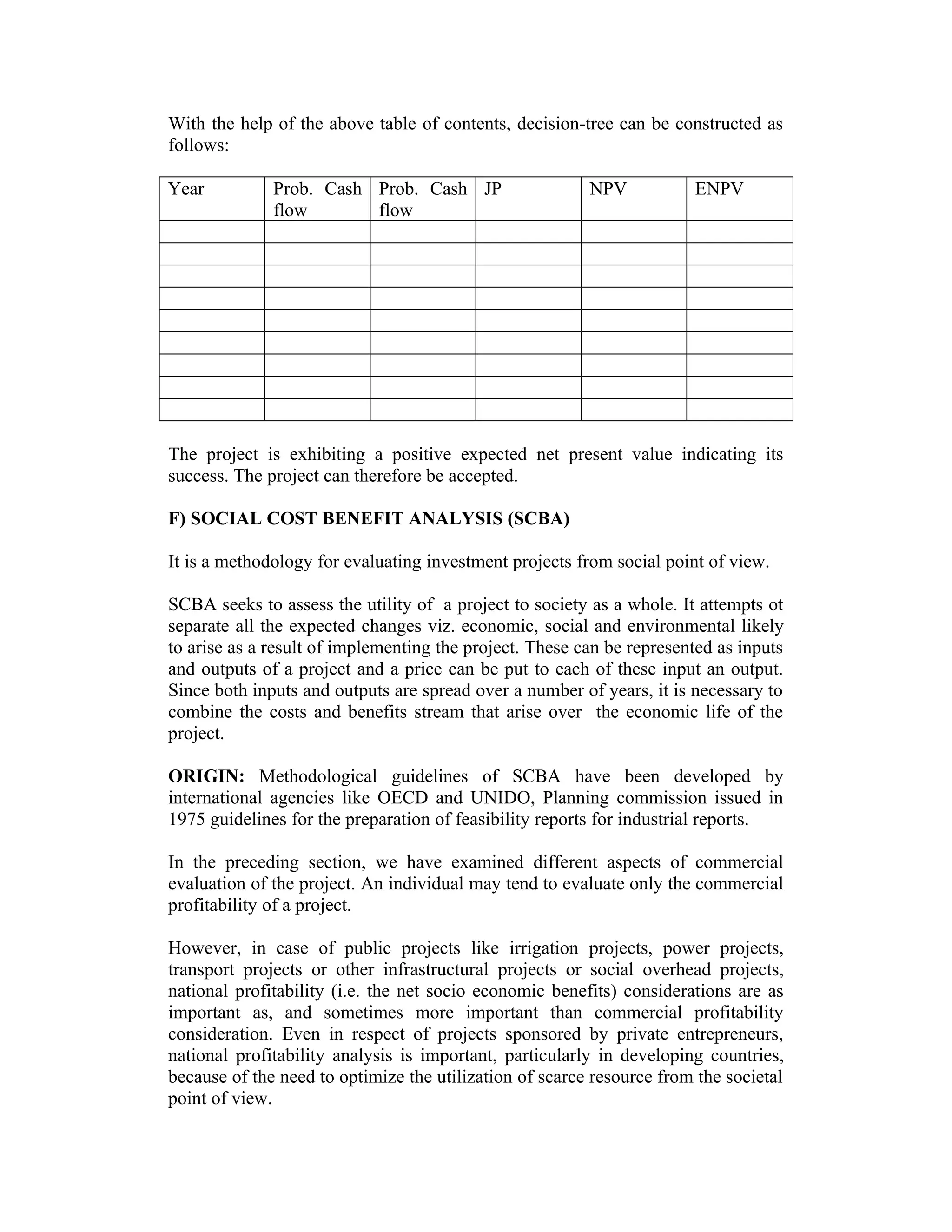 With the help of the above table of contents, decision-tree can be constructed as
follows:
Year Prob. Cash
flow
Prob. Cash
flow
JP NPV ENPV
The project is exhibiting a positive expected net present value indicating its
success. The project can therefore be accepted.
F) SOCIAL COST BENEFIT ANALYSIS (SCBA)
It is a methodology for evaluating investment projects from social point of view.
SCBA seeks to assess the utility of a project to society as a whole. It attempts ot
separate all the expected changes viz. economic, social and environmental likely
to arise as a result of implementing the project. These can be represented as inputs
and outputs of a project and a price can be put to each of these input an output.
Since both inputs and outputs are spread over a number of years, it is necessary to
combine the costs and benefits stream that arise over the economic life of the
project.
ORIGIN: Methodological guidelines of SCBA have been developed by
international agencies like OECD and UNIDO, Planning commission issued in
1975 guidelines for the preparation of feasibility reports for industrial reports.
In the preceding section, we have examined different aspects of commercial
evaluation of the project. An individual may tend to evaluate only the commercial
profitability of a project.
However, in case of public projects like irrigation projects, power projects,
transport projects or other infrastructural projects or social overhead projects,
national profitability (i.e. the net socio economic benefits) considerations are as
important as, and sometimes more important than commercial profitability
consideration. Even in respect of projects sponsored by private entrepreneurs,
national profitability analysis is important, particularly in developing countries,
because of the need to optimize the utilization of scarce resource from the societal
point of view.
 