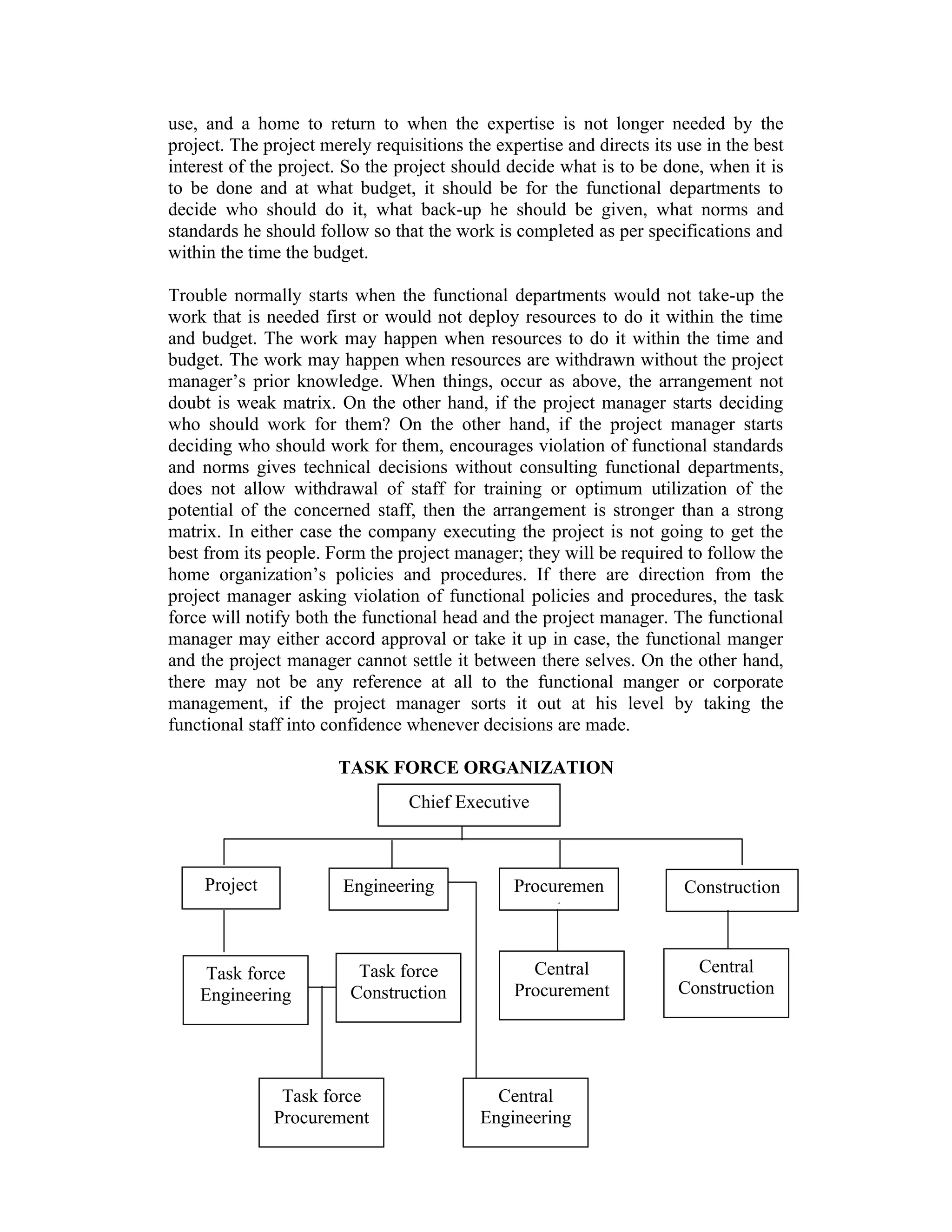 use, and a home to return to when the expertise is not longer needed by the
project. The project merely requisitions the expertise and directs its use in the best
interest of the project. So the project should decide what is to be done, when it is
to be done and at what budget, it should be for the functional departments to
decide who should do it, what back-up he should be given, what norms and
standards he should follow so that the work is completed as per specifications and
within the time the budget.
Trouble normally starts when the functional departments would not take-up the
work that is needed first or would not deploy resources to do it within the time
and budget. The work may happen when resources to do it within the time and
budget. The work may happen when resources are withdrawn without the project
manager’s prior knowledge. When things, occur as above, the arrangement not
doubt is weak matrix. On the other hand, if the project manager starts deciding
who should work for them? On the other hand, if the project manager starts
deciding who should work for them, encourages violation of functional standards
and norms gives technical decisions without consulting functional departments,
does not allow withdrawal of staff for training or optimum utilization of the
potential of the concerned staff, then the arrangement is stronger than a strong
matrix. In either case the company executing the project is not going to get the
best from its people. Form the project manager; they will be required to follow the
home organization’s policies and procedures. If there are direction from the
project manager asking violation of functional policies and procedures, the task
force will notify both the functional head and the project manager. The functional
manager may either accord approval or take it up in case, the functional manger
and the project manager cannot settle it between there selves. On the other hand,
there may not be any reference at all to the functional manger or corporate
management, if the project manager sorts it out at his level by taking the
functional staff into confidence whenever decisions are made.
TASK FORCE ORGANIZATION
Chief Executive
Project Engineering Procuremen
t
Construction
Task force
Engineering
Task force
Construction
Central
Procurement
Task force
Procurement
Central
Engineering
Central
Construction
 