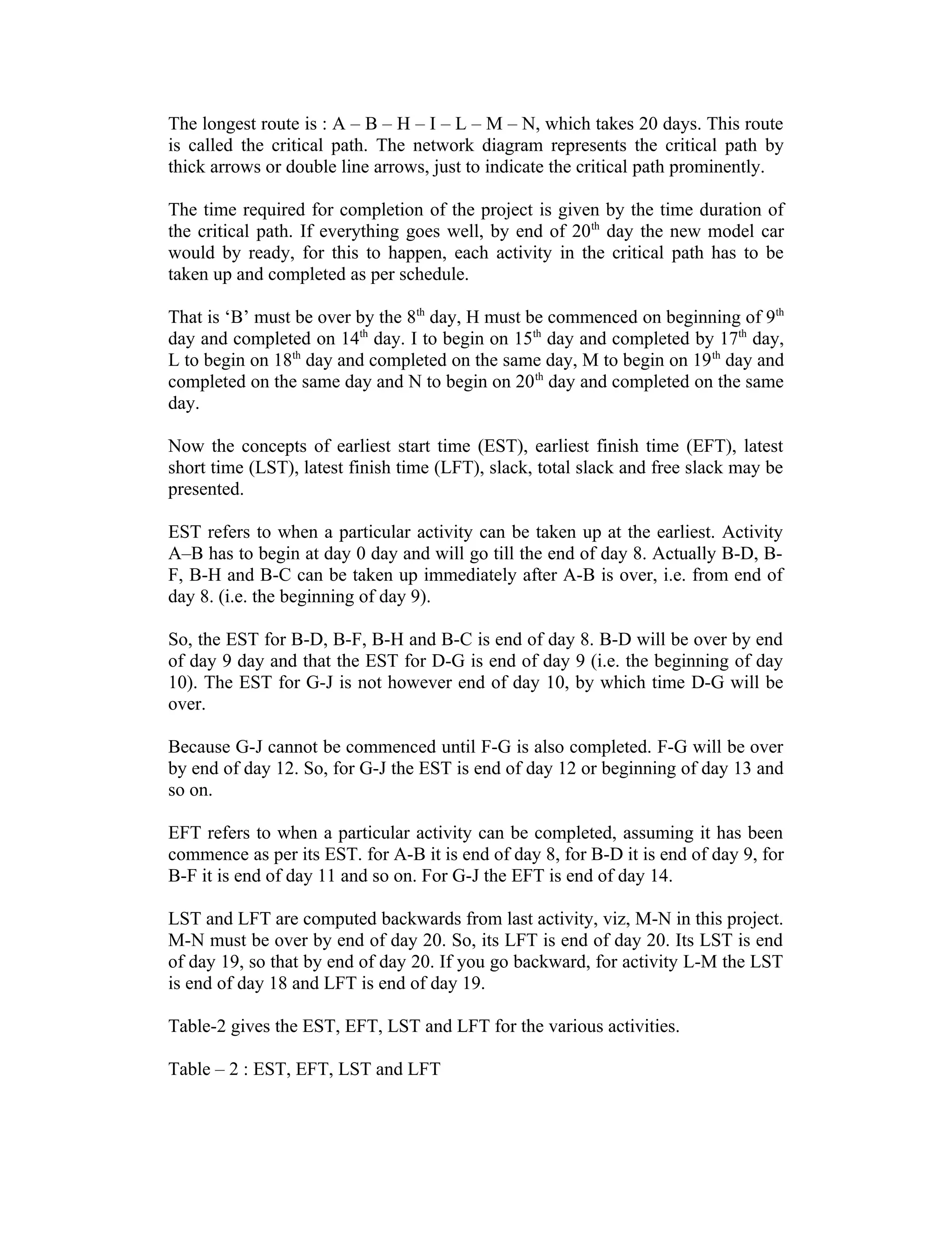 The longest route is : A – B – H – I – L – M – N, which takes 20 days. This route
is called the critical path. The network diagram represents the critical path by
thick arrows or double line arrows, just to indicate the critical path prominently.
The time required for completion of the project is given by the time duration of
the critical path. If everything goes well, by end of 20th
day the new model car
would by ready, for this to happen, each activity in the critical path has to be
taken up and completed as per schedule.
That is ‘B’ must be over by the 8th
day, H must be commenced on beginning of 9th
day and completed on 14th
day. I to begin on 15th
day and completed by 17th
day,
L to begin on 18th
day and completed on the same day, M to begin on 19th
day and
completed on the same day and N to begin on 20th
day and completed on the same
day.
Now the concepts of earliest start time (EST), earliest finish time (EFT), latest
short time (LST), latest finish time (LFT), slack, total slack and free slack may be
presented.
EST refers to when a particular activity can be taken up at the earliest. Activity
A–B has to begin at day 0 day and will go till the end of day 8. Actually B-D, B-
F, B-H and B-C can be taken up immediately after A-B is over, i.e. from end of
day 8. (i.e. the beginning of day 9).
So, the EST for B-D, B-F, B-H and B-C is end of day 8. B-D will be over by end
of day 9 day and that the EST for D-G is end of day 9 (i.e. the beginning of day
10). The EST for G-J is not however end of day 10, by which time D-G will be
over.
Because G-J cannot be commenced until F-G is also completed. F-G will be over
by end of day 12. So, for G-J the EST is end of day 12 or beginning of day 13 and
so on.
EFT refers to when a particular activity can be completed, assuming it has been
commence as per its EST. for A-B it is end of day 8, for B-D it is end of day 9, for
B-F it is end of day 11 and so on. For G-J the EFT is end of day 14.
LST and LFT are computed backwards from last activity, viz, M-N in this project.
M-N must be over by end of day 20. So, its LFT is end of day 20. Its LST is end
of day 19, so that by end of day 20. If you go backward, for activity L-M the LST
is end of day 18 and LFT is end of day 19.
Table-2 gives the EST, EFT, LST and LFT for the various activities.
Table – 2 : EST, EFT, LST and LFT
 