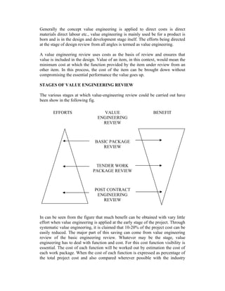 Generally the concept value engineering is applied to direct costs is direct
materials direct labour etc., value engineering is mainly used be for a product is
born and is in the design and development stage itself. The efforts being directed
at the stage of design review from all angles is termed as value engineering.
A value engineering review uses costs as the basis of review and ensures that
value is included in the design. Value of an item, in this context, would mean the
minimum cost at which the function provided by the item under review from an
other item. In this process, the cost of the item can be brought down without
compromising the essential performance the value goes up.
STAGES OF VALUE ENGINEERING REVIEW
The various stages at which value-engineering review could be carried out have
been show in the following fig.
EFFORTS VALUE
ENGINEERING
REVIEW
BENEFIT
BASIC PACKAGE
REVIEW
TENDER WORK
PACKAGE REVIEW
POST CONTRACT
ENGINEERING
REVIEW
In can be seen from the figure that much benefit can be obtained with vary little
effort when value engineering is applied at the early stage of the project. Through
systematic value engineering, it is claimed that 10-20% of the project cost can be
easily reduced. The major part of this saving can come from value engineering
review of the basic engineering review. Whatever may be the stage, value
engineering has to deal with function and cost. For this cost function visibility is
essential. The cost of each function will be worked out by estimation the cost of
each work package. When the cost of each function is expressed as percentage of
the total project cost and also compared wherever possible with the industry
 