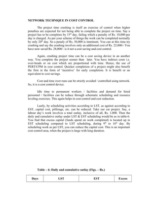 NETWORK TECHNIQUE IN COST CONTROL
The project time crashing is itself an exercise of control when higher
penalties are expected for not being able to complete the project on time. Say a
project has to be completes by 15th
day, failing which a penalty of Rs. 10,000 per
day is charged. As per your scheme of things the work can be completed normally
by only 20th
day. So a penaly of Rs. 50,000 is imminent. You can at this time try
crashing and say the crashing involves only an additional cost of Rs. 22,000/- You
have now saved Rs. 28,000/- is it not a cost saving and cost control.
Again, crashing project time can be a cost saving device in an another
way. You complete the project sooner than later. You have indirect costs i.e.
over-heads or on cost which are proportional with time. Hence, the use of
PERT/CPM in cost control. Quicker completion of a project might also benefit
the firm in the form of ‘incentive’ for early completion. It is benefit or an
equivalent to cost savings.
Cost and time over-runs can be strictly avoided / controlled using network.
So, it is a cost control device.
Idle time to permanent workers / facilities and demand for hired
personnel / facilities can be reduce through schematic scheduling and resource
leveling exercises. This again helps in cost control and cost reduction.
Lastly, by scheduling activities according to LST, as against according to
EST, capital cost, pilferage, etc. can be reduced. Take our car project. Say, a
labour day’s work involves a total outlay, inclusive of all, Rs. 1,000. Then the
daily and cumulative outlay under LST & EST scheduling would be as in table-6.
You find that excess capital (funds spend on work completed) is located up in
EST scheduling compared to LST scheduling, during 9th
to 16th
day. By
scheduling work as per LST, you can reduce the capital cost. This is an important
cost control area, when the project is large with long duration.
Table – 6: Daily and cumulative outlay (Figs. – Rs.)
Days LST EST Excess
 