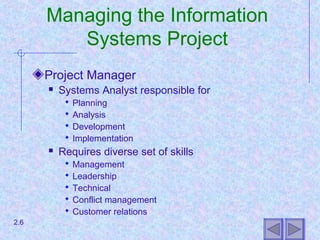 Project Manager
 Systems Analyst responsible for
 Planning
 Analysis
 Development
 Implementation
 Requires diverse set of skills
 Management
 Leadership
 Technical
 Conflict management
 Customer relations
Managing the Information
Systems Project
2.6
 