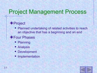 Project Management Process
Project
 Planned undertaking of related activities to reach
an objective that has a beginning and an end
Four Phases
 Planning
 Analysis
 Development
 Implementation
2.7
 