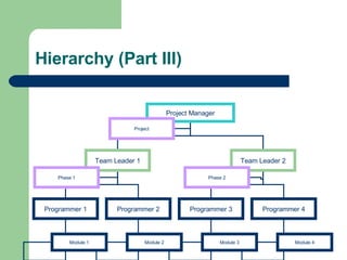 Hierarchy (Part III) Project Manager Team Leader 1 Team Leader 2 Programmer 1 Programmer 2 Programmer 3 Programmer 4 Project Phase 1 Phase 2 Module 1 Module 2 Module 3 Module 4 