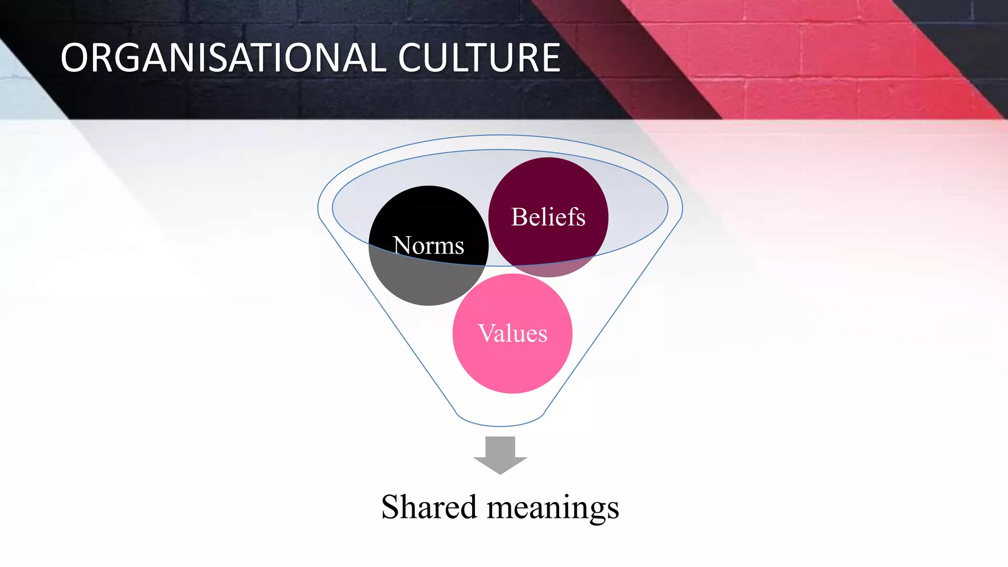 ORGANISATIONAL CULTURE
Shared meanings
Values
Norms
Beliefs
 