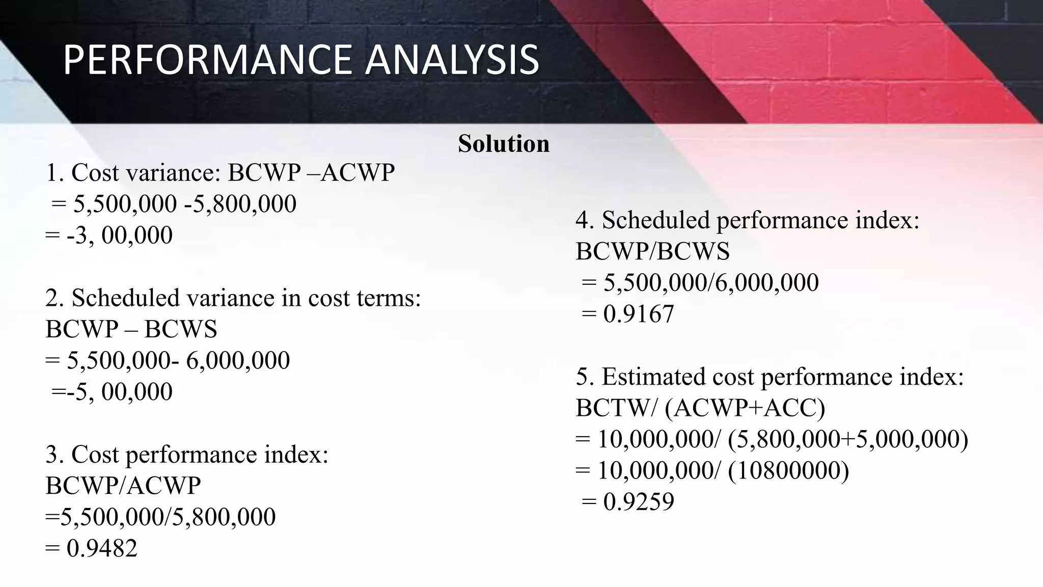 PERFORMANCE ANALYSIS
Solution
1. Cost variance: BCWP –ACWP
= 5,500,000 -5,800,000
= -3, 00,000
2. Scheduled variance in cost terms:
BCWP – BCWS
= 5,500,000- 6,000,000
=-5, 00,000
3. Cost performance index:
BCWP/ACWP
=5,500,000/5,800,000
= 0.9482
4. Scheduled performance index:
BCWP/BCWS
= 5,500,000/6,000,000
= 0.9167
5. Estimated cost performance index:
BCTW/ (ACWP+ACC)
= 10,000,000/ (5,800,000+5,000,000)
= 10,000,000/ (10800000)
= 0.9259
 