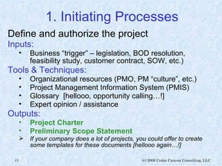 1. Initiating Processes Define and authorize the project Inputs: Business “trigger” – legislation, BOD resolution, feasibility study, customer contract, SOW, etc.) Tools & Techniques: Organizational resources (PMO, PM “culture”, etc.) Project Management Information System (PMIS) Glossary  [hellooo, opportunity calling…!] Expert opinion / assistance Outputs: Project Charter Preliminary Scope Statement If your company does a lot of projects, you could offer to create some templates for these documents [hellooo again…!] 