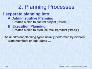 2. Planning Processes I separate planning into: A. Administrative Planning Creates a plan to control project (“forest”) B. Execution Planning Creates a plan to produce result/product (“trees”) These different planning types usually performed by different team members or sub-teams … 