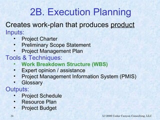 2B. Execution Planning Creates work-plan that produces  product Inputs: Project Charter Preliminary Scope Statement Project Management Plan Tools & Techniques: Work Breakdown Structure (WBS) Expert opinion / assistance Project Management Information System (PMIS) Glossary Outputs: Project Schedule Resource Plan Project Budget 