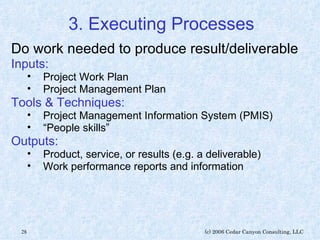 3. Executing Processes Do work needed to produce result/deliverable Inputs: Project Work Plan Project Management Plan Tools & Techniques: Project Management Information System (PMIS) “ People skills” Outputs: Product, service, or results (e.g. a deliverable) Work performance reports and information 