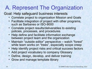 A. Represent The Organization Goal: Help safeguard business interests Correlate project to organization Mission and Goals Facilitate integration of project with other programs, such as Sarbanes or ISO-9000 Correlate project results/deliverables to existing policies, processes, and procedures Help define and facilitate information exchange between project team and the organization Maintain “outside editor” perspective – watch “forest” while team works on “trees”, especially scope creep Help identify project risks and critical success factors Add project vocabulary to company Glossary Define, design, develop, and deliver training Grow and manage template library 
