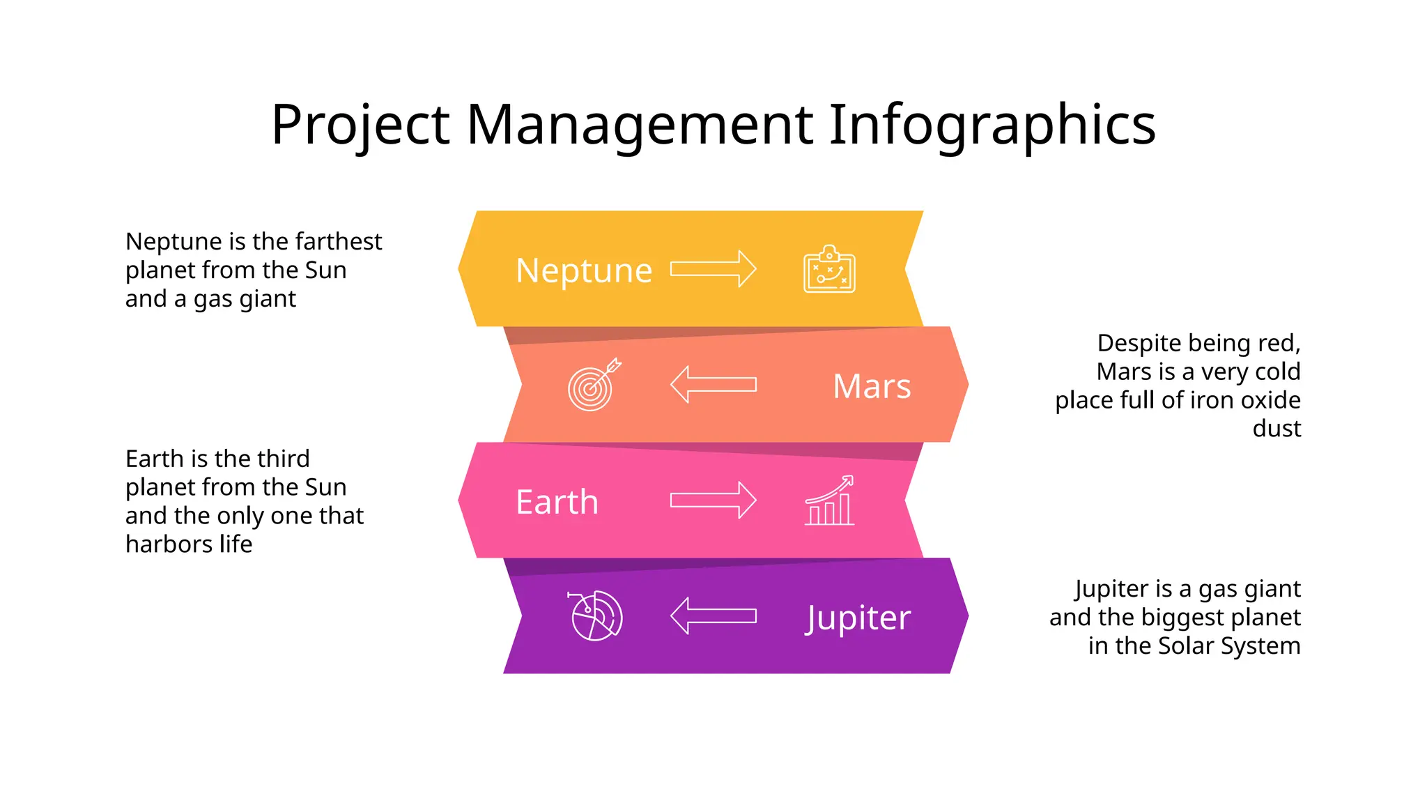 Mars
Despite being red,
Mars is a very cold
place full of iron oxide
dust
Jupiter
Jupiter is a gas giant
and the biggest planet
in the Solar System
Earth
Earth is the third
planet from the Sun
and the only one that
harbors life
Neptune
Neptune is the farthest
planet from the Sun
and a gas giant
Project Management Infographics
 