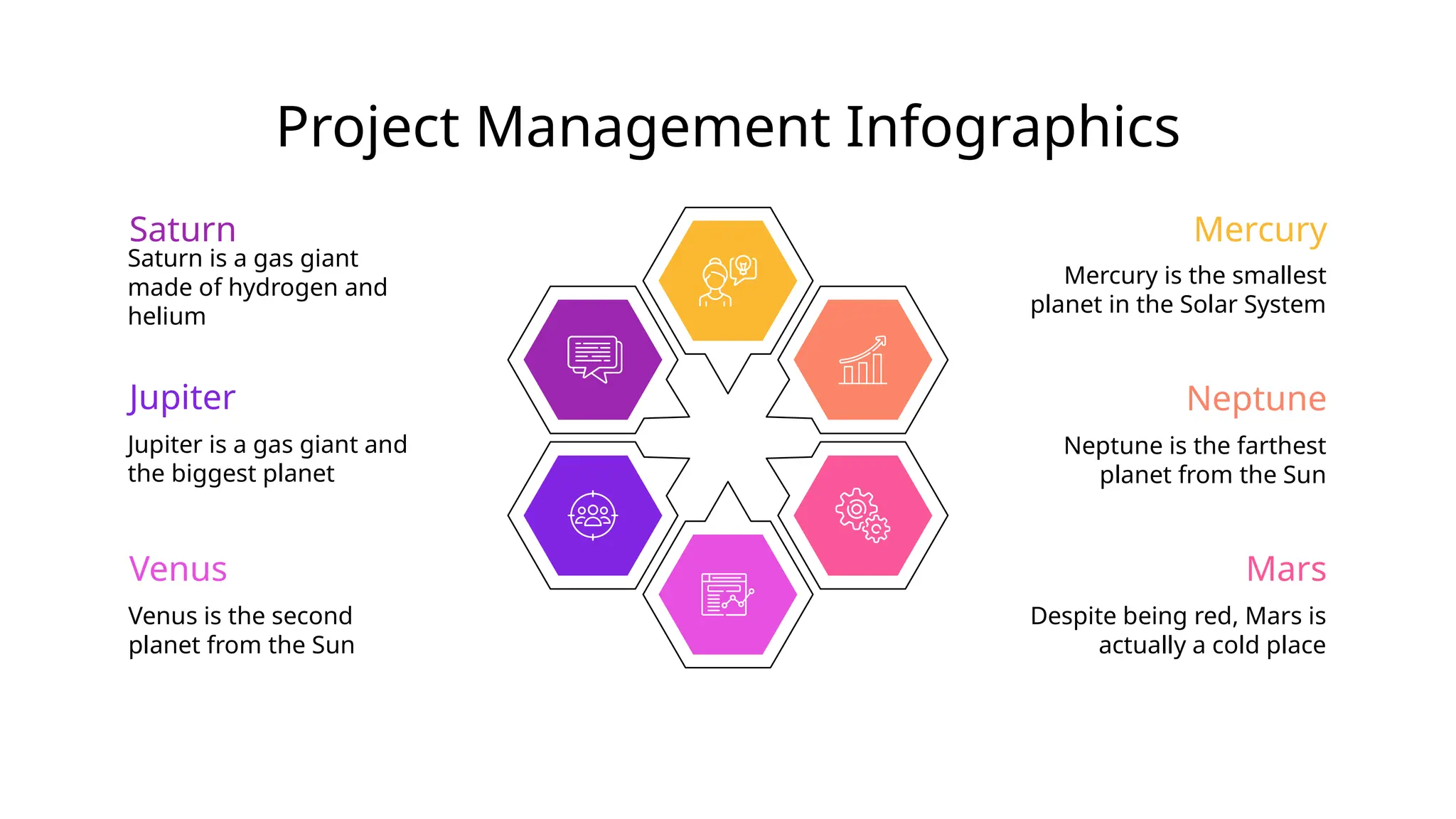 Project Management Infographics
Mercury is the smallest
planet in the Solar System
Mercury
Neptune is the farthest
planet from the Sun
Neptune
Despite being red, Mars is
actually a cold place
Mars
Saturn is a gas giant
made of hydrogen and
helium
Saturn
Jupiter is a gas giant and
the biggest planet
Jupiter
Venus is the second
planet from the Sun
Venus
 