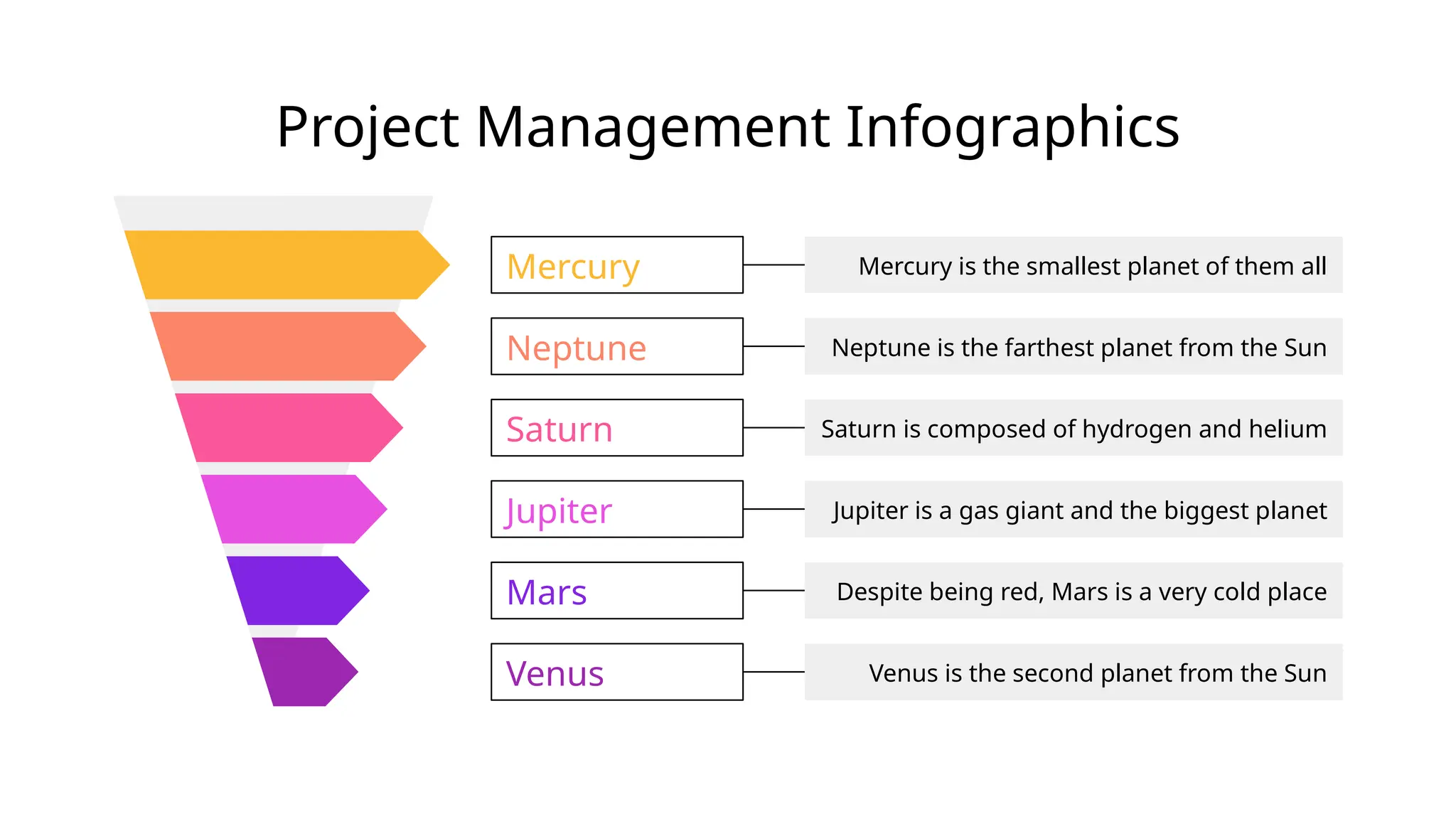 Project Management Infographics
Mercury Mercury is the smallest planet of them all
Neptune Neptune is the farthest planet from the Sun
Saturn Saturn is composed of hydrogen and helium
Jupiter Jupiter is a gas giant and the biggest planet
Mars Despite being red, Mars is a very cold place
Venus Venus is the second planet from the Sun
 