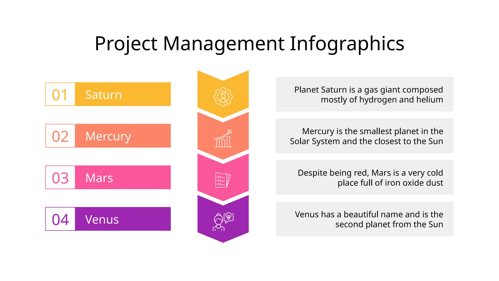 Project Management Infographics
Planet Saturn is a gas giant composed
mostly of hydrogen and helium
01 Saturn
Mercury is the smallest planet in the
Solar System and the closest to the Sun
02 Mercury
Despite being red, Mars is a very cold
place full of iron oxide dust
03 Mars
Venus has a beautiful name and is the
second planet from the Sun
04 Venus
 