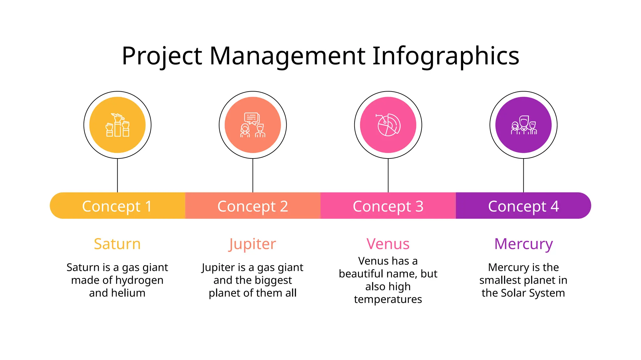 Saturn
Saturn is a gas giant
made of hydrogen
and helium
Concept 1
Venus
Venus has a
beautiful name, but
also high
temperatures
Concept 3
Mercury
Mercury is the
smallest planet in
the Solar System
Concept 4
Jupiter
Jupiter is a gas giant
and the biggest
planet of them all
Concept 2
Project Management Infographics
 