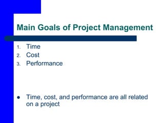 Main Goals of Project Management
1. Time
2. Cost
3. Performance
 Time, cost, and performance are all related
on a project
 