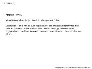 5.0 PPMO
Acronym – PPMO
What it stands for – Project Portfolio Management Office
Description – This will be building a view of the projects programmes in a
defined portfolio. While they can be used to manage delivery, most
organisations use them to make decisions on what should be executed and
when.
Copyright 2015. All rights reserved. www.pmmajik.com
 