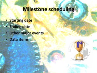 Milestone scheduling Starting date Ending date Other major events Data items 