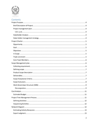 2
Contents
Project Purpose..................................................................................................................................4
Brief Description of Project..............................................................................................................4
Project management plan ...............................................................................................................4
Life cycle....................................................................................................................................4
Stakeholder Analysis.......................................................................................................................4
Stake holder management strategy..................................................................................................4
Project Charter...................................................................................................................................5
Opportunity....................................................................................................................................5
Goal...............................................................................................................................................5
Objectives ......................................................................................................................................5
In Scope .........................................................................................................................................5
Triple constraint.............................................................................................................................5
Core Team Members.......................................................................................................................6
Scope Management plan.....................................................................................................................6
Collecting requirement....................................................................................................................6
Defining scope................................................................................................................................7
Product Scope Description ..............................................................................................................7
Deliverables....................................................................................................................................7
Scope Acceptance Criteria...............................................................................................................7
Scope Exclusions.............................................................................................................................8
Work Break down Structure (WBS) ..................................................................................................9
Decomposition............................................................................................................................9
Cost Analysis....................................................................................................................................11
Estimated Budget.........................................................................................................................11
Project Time Management Process....................................................................................................11
Defining Activities:........................................................................................................................12
SequencingActivities: ...................................................................................................................12
Network Diagram.............................................................................................................................12
Estimating Activity Resources:.......................................................................................................13
Expert Judgment...........................................................................................................................13
 