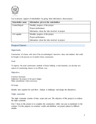 5
Use to increase support of stakeholders by giving them information about project:
Stakeholder name Information given to the stakeholders
Usman/Majeed Monthly progress of the project.
Project performance.
Information about the risks involved in project.
A.G supplier Monthly progress of the project.
Project performance.
Information about the risks involved in project.
ProjectCharter
Opportunity
Construction of a house with state of the art technological innovative ideas and solutions that could
be brought in the present era of modern home construction.
Goal
To improve the usual construction methods of house building so that humanity can develop new
aspects of constructing houses in an efficient way.
Objectives
Construct basement
Implement the project in the given budget
Make amendments where necessary
In Scope
Identify time required for each floor. Analyze it challenges and design the alternatives.
Triple constraint
The triple constraint consists of time, scope and cost. The objective of this project is to achieve
the triple constraint.
Our 1st
focus in this project is to complete the construction within one year as mentioned in the
contract. For this purpose we construct a table and distribute our project phases in different
months.
 