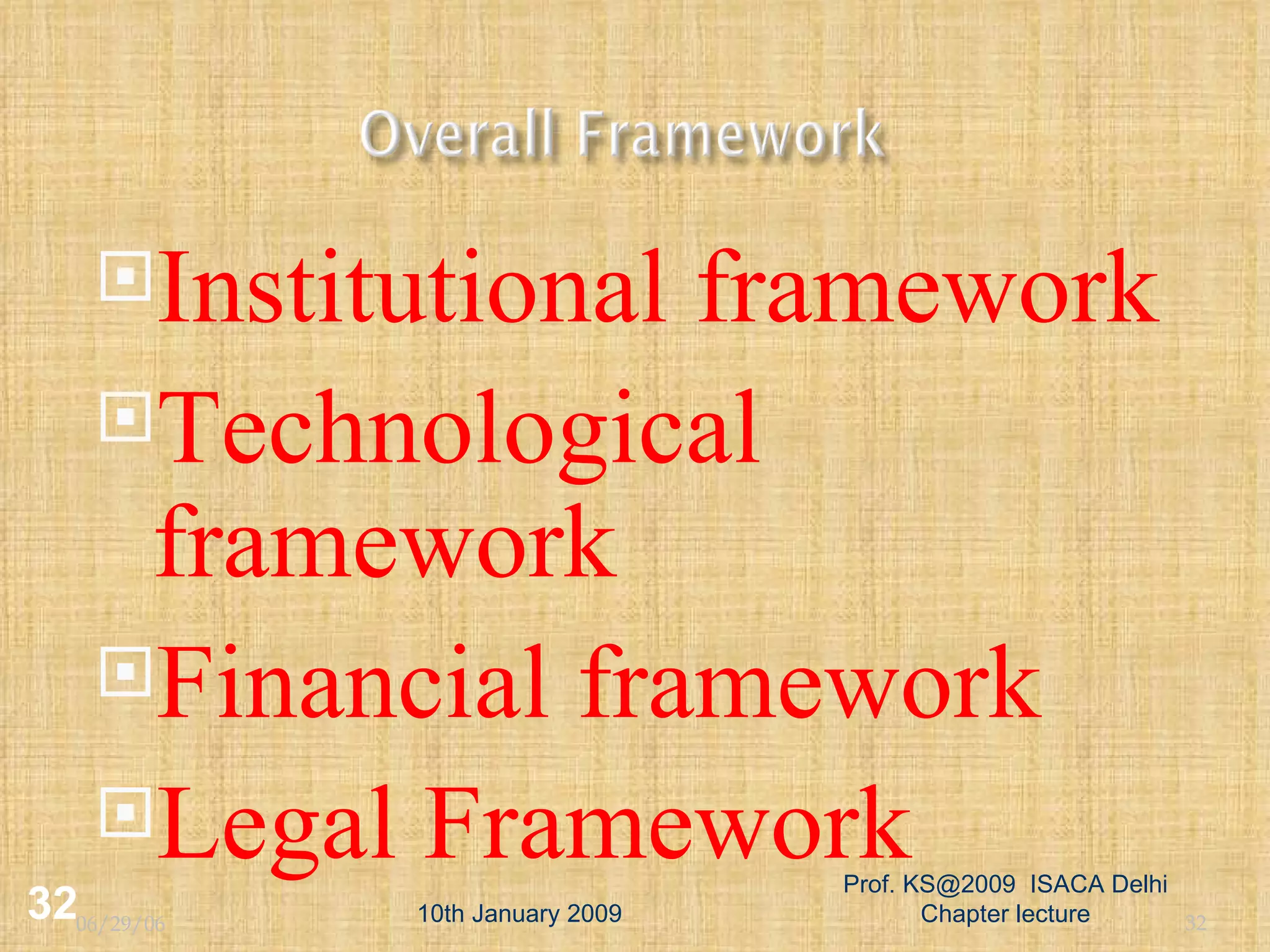 10th January 2009 Prof. KS@2009  ISACA Delhi Chapter lecture 06/29/06 Institutional framework Technological framework Financial framework Legal Framework 