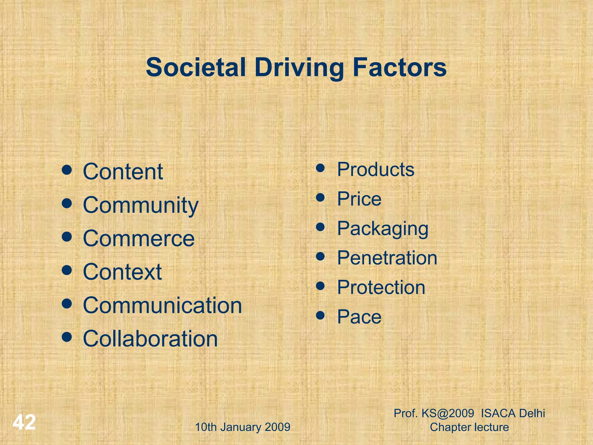 Societal Driving Factors Content Community Commerce Context Communication Collaboration Products Price Packaging Penetration Protection Pace 10th January 2009 Prof. KS@2009  ISACA Delhi Chapter lecture 