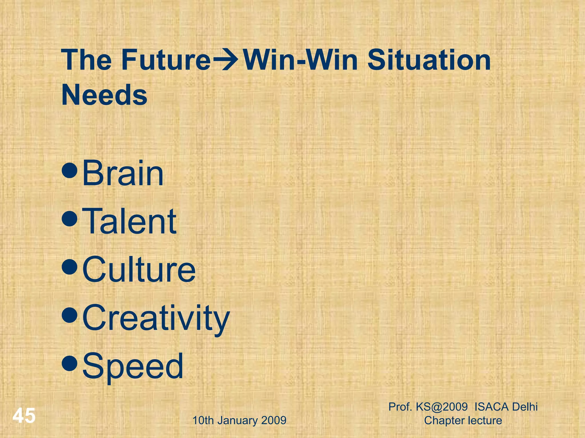 The Future  Win-Win Situation Needs Brain Talent Culture  Creativity Speed 10th January 2009 Prof. KS@2009  ISACA Delhi Chapter lecture 