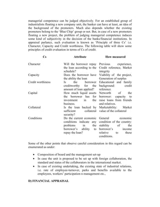 managerial competence can be judged objectively. For an established group of
industrialists floating a new company unit, the banker can have at least, an idea of
the background of the promoters. Much also depends whether the existing
promoters belong to the ‘Blue Chip’ group or not. But, in case of a new promoters
floating a new project, the problem of judging managerial competence induces
some kind of subjectivity in the decision of the banks/financial institutions. In
appraisal parlance, such evaluation is known as ‘Principle of three Cs’ i.e.
Character, Capacity and Credit worthiness. The following table will show some
principles of credit evaluation in terms of Cs of credit.
Cs
Character
Capacity
Credit worthiness
Capital

Collateral
Conditions

Attribute

How measured

Will the borrower repay
the loan according to the
schedule?
Does the borrower have
the ability the loan
Is
the
borrower
creditworthy for the
amount of loan applied?
How much liquid assets
the borrower has for
investment
in
the
business.
Is the loan backed by
sufficient
collateral
security?
Do the current economic
conditions indicate any
problems
in
the
borrower’s ability to
repay the loan?

Previous
experience,
Credit reference, Market
integrity
Viability of the project,
Generation of surplus
Educational and family
background:
credit
reference
Networth
of
the
borrower: capacity to
raise loans from friends
and relatives.
Marketability:
Market
value of the collateral
General
economic
condition of the country:
stability
of
the
borrower’s
income
relative
to
these
conditions.

Some of the other points that observe careful consideration in this regard can be
enumerated as under:
•
•
•

Composition of board and the management set-up
In case the unit is proposed to be set up with foreign collaboration, the
standard and status of the collaborators in the international market.
In case of existing undertaking, the existing state of industrial relations,
i.e. rate of employee-turnover, parks and benefits available to the
employees, workers’ participation n management etc.,

D) FINANCIAL APPRAISAL

 