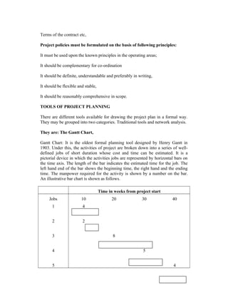 Terms of the contract etc,
Project policies must be formulated on the basis of following principles:
It must be used upon the known principles in the operating areas;
It should be complementary for co-ordination
It should be definite, understandable and preferably in writing,
It should be flexible and stable,
It should be reasonably comprehensive in scope.
TOOLS OF PROJECT PLANNING
There are different tools available for drawing the project plan in a formal way.
They may be grouped into two categories. Traditional tools and network analysis.
They are: The Gantt Chart,
Gantt Chart: It is the oldest formal planning tool designed by Henry Gantt in
1903. Under this, the activities of project are broken down into a series of welldefined jobs of short duration whose cost and time can be estimated. It is a
pictorial device in which the activities jobs are represented by horizontal bars on
the time axis. The length of the bar indicates the estimated time for the job. The
left hand end of the bar shows the beginning time, the right hand and the ending
time. The manpower required for the activity is shown by a number on the bar.
An illustrative bar chart is shown as follows.
Time in weeks from project start
Jobs

10

1

4

2

2

3
4
5

20

30

40

8
5
4

 