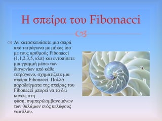 
Ζ ζπείξα ηνπ Fibonacci
 Αλ θαηαζθεπάζεηε κηα ζεηξά
από ηεηξάγσλα κε κήθνο ίζν
κε ηνπο αξηζκνύο Fibonacci
(1,1,2,3,5, θιπ) θαη εληνπίζεηε
κηα γξακκή κέζσ ησλ
δηαγσλίσλ από θάζε
ηεηξάγσλν, ζρεκαηίδεηε κηα
ζπείξα Fibonacci. Πνιιά
παξαδείγκαηα ηεο ζπείξαο ηνπ
Fibonacci κπνξεί λα ηα δεη
θαλείο ζηε
θύζε, ζπκπεξηιακβαλνκέλσλ
ησλ ζαιάκσλ ελόο θειύθνπο
λαπηίινπ.
 