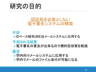 11
研究の目的
認証局を必要としない
電子署名システムの構築
手段
IDベース暗号(IBE)をメールシステムに応用する
予測される結果
電子署名の普及が出来るので標的型攻撃を軽減
展望
学内向けメールシステムに応用する
学内でメールのファイル添付が可能になる
 