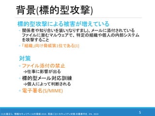 5
背景(標的型攻撃)
標的型攻撃による被害が増えている
◦ 関係者や知り合いを装い(なりすまし)、メールに添付されている
ファイルに潜むマルウェアで、 特定の組織や個人の内部システム
を攻撃すること
◦ 「組織」向け脅威第1位である[1]
対策
◦ ファイル添付の禁止
→仕事に影響が出る
◦ 標的型メール対応訓練
→個人によって判断される
◦ 電子署名(S/MIME)
[1]土屋正ら，情報セキュリティ 10大脅威 2019，局面ごとにセキュリティ対策 の最善手を，IPA，2019
 