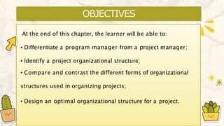 OBJECTIVES
At the end of this chapter, the learner will be able to:
▪ Differentiate a program manager from a project manager;
▪ Identify a project organizational structure;
▪ Compare and contrast the different forms of organizational
structures used in organizing projects;
▪ Design an optimal organizational structure for a project.
 