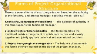 Forms of Project Organizational
Structure
There are several forms of matrix organization based on the authority
of the functional and project manager, specifically (see Table 13):
1.Functional, lightweight or weak matrix – The balance of authority in
this form supports the functional manager.
2 .Middleweight or balanced matrix - This form resembles the
traditional matrix arrangement in which both parties work closely
together and jointly approve technical and operational decisions.
3. Project, heavyweight or strong matrix – The balance of authority in
this formis strongly inclined on the side of the project manager.
 